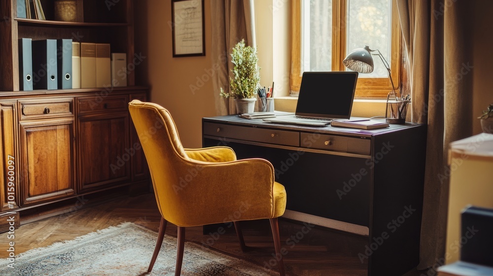 Home office with a stylish chair, elegant desk, laptop, and black frame, decorated with elegant personal items, ample copy space Home office with a stylish chair, elegant desk, laptop, and black frame, decorated with elegant personal items, ample copy space