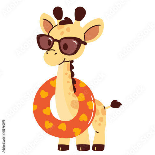  Cute giraffe in sunglasses and an inflatable ring. Flat vector illustration in children's style on a summer theme. Vector illustration