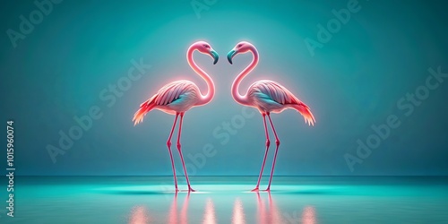 Two pink flamingos facing each other with necks forming a heart shape against a turquoise blue background, reflecting in the shimmering water below.