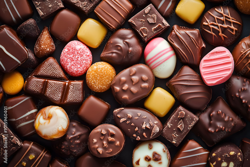 mix of chocolate candies, top view mix of chocolate candies, top view