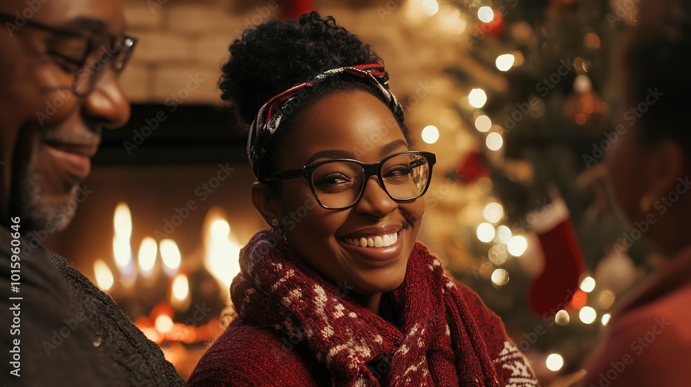 Photo of a family of African descent in a close-up shot, sharing special moments by a fireplace decorated for Christmas. Photo of a family of African descent in a close-up shot, sharing special moments by a fireplace decorated for Christmas.