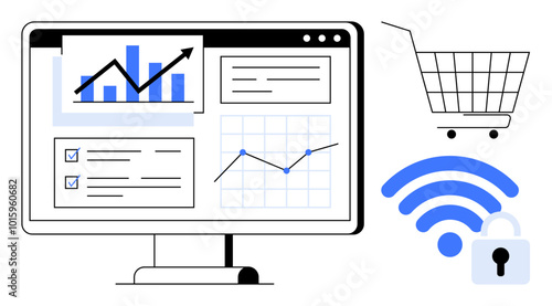 A computer screen displays various data analytics graphs and charts. Nearby are a shopping cart and a wireless symbol with a lock. Ideal for e-commerce, data analysis, business growth, cybersecurity