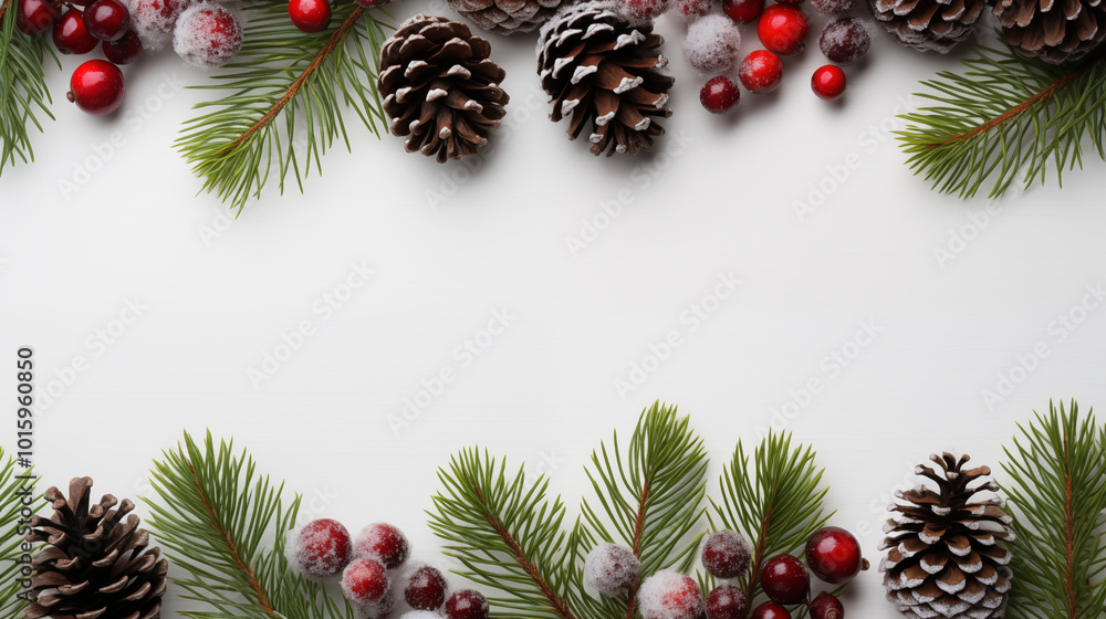 Christmas Border frame of tree branches red berries and pine cones on white background