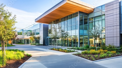 Modern hospital building exterior with sleek architecture, clean lines, and large glass windows, capturing the essence of healthcare design