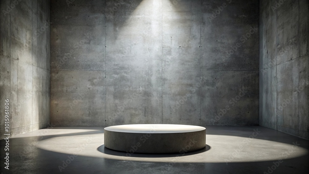 A solitary concrete podium, bathed in a single ray of light,  stands in the center of a stark concrete room, a minimalist stage for the unknown.