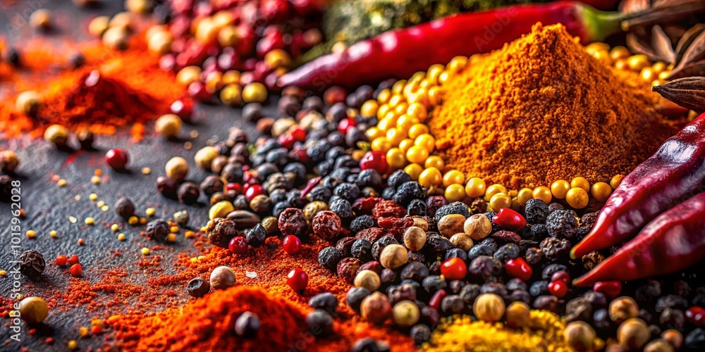 A vibrant collection of spices and peppers arranged in a captivating display, showcasing the richness of culinary flavor and aroma. A vibrant collection of spices and peppers arranged in a captivating display, showcasing the richness of culinary flavor and aroma.