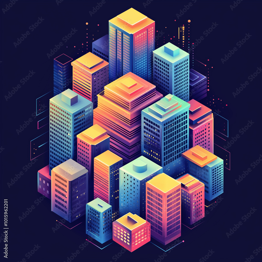 A colorful cityscape with tall buildings and a neon sign. The buildings are in different colors and the neon sign is in the middle. Scene is vibrant and lively A colorful cityscape with tall buildings and a neon sign. The buildings are in different colors and the neon sign is in the middle. Scene is vibrant and lively