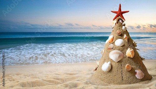 Christmas Tree Made of Sand with Seashell Ornaments