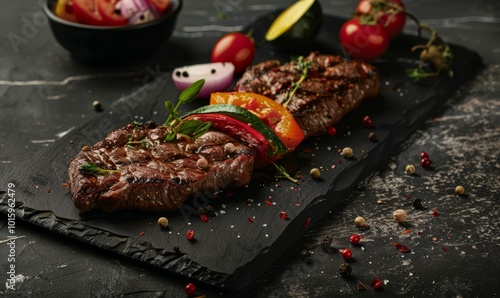 Grilled steak on rustic background. Closeup view. BBQ party.