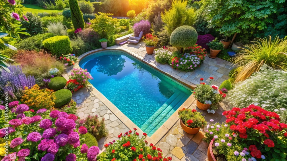 Fototapeta premium An enchanting aerial view showcases a stunning swimming pool embraced by a lush garden oasis, ideal for unwinding and enjoying leisurely moments.