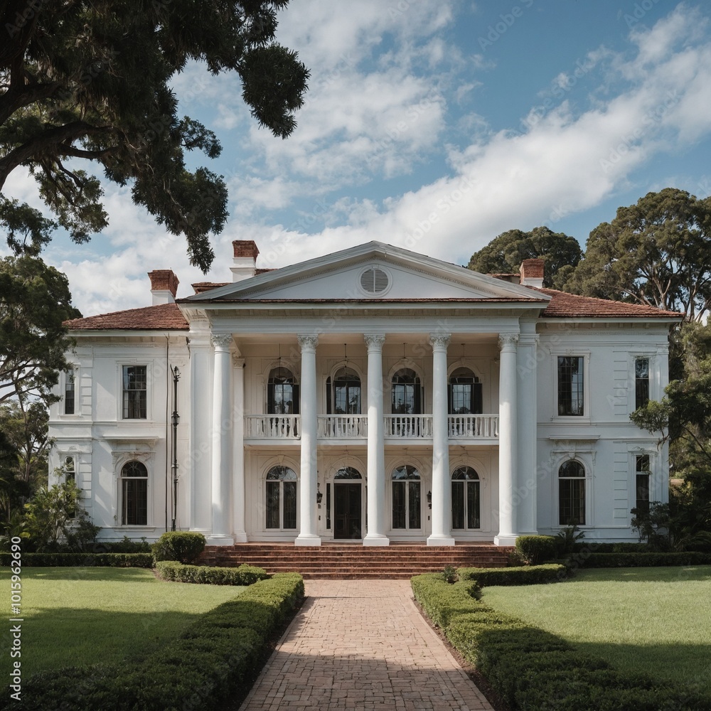 A grand colonial-style mansion with tall columns, symmetrical architecture, and an expansive front yard, rendered against a white background. A grand colonial-style mansion with tall columns, symmetrical architecture, and an expansive front yard, rendered against a white background.