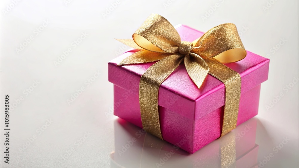 A pink gift box with a shimmering gold ribbon, a symbol of joy and celebration, reflecting on a pristine surface. A pink gift box with a shimmering gold ribbon, a symbol of joy and celebration, reflecting on a pristine surface.