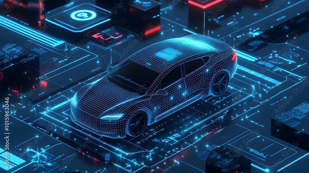 Concept of smart car technology. Car isometric hologram, in HUD style. Electric auto. Hologram car in low poly style. Futuristic car concept with dashboard speedometer, diagnostics. Concept of smart car technology. Car isometric hologram, in HUD style. Electric auto. Hologram car in low poly style. Futuristic car concept with dashboard speedometer, diagnostics.