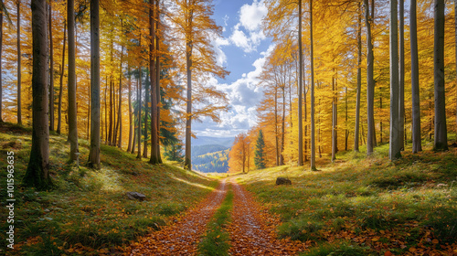 Black Forest, autumn scenery with yellow, orange and red leaves decorating the forest floor, small paths winding through the trees, Ai generated images