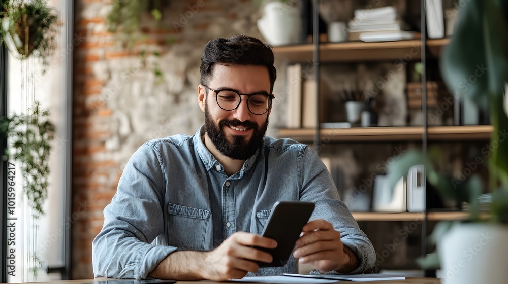 A bearded man in glasses smiles while using his phone A bearded man in glasses smiles while using his phone