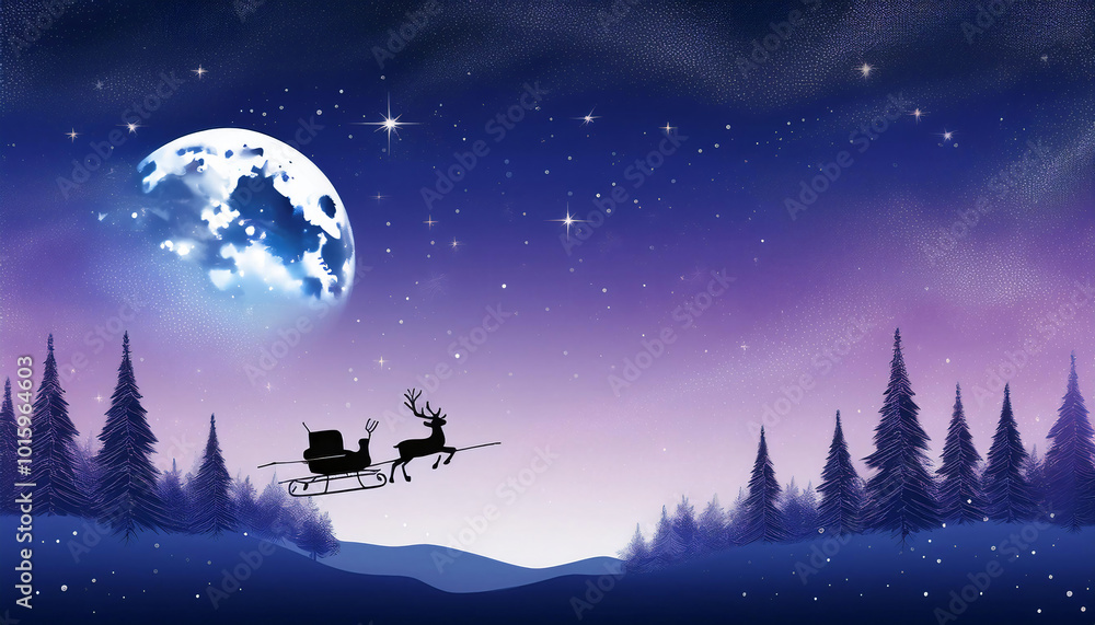 Naklejka premium Night Sky with Santa’s Sleigh and Reindeer Silhouettes
