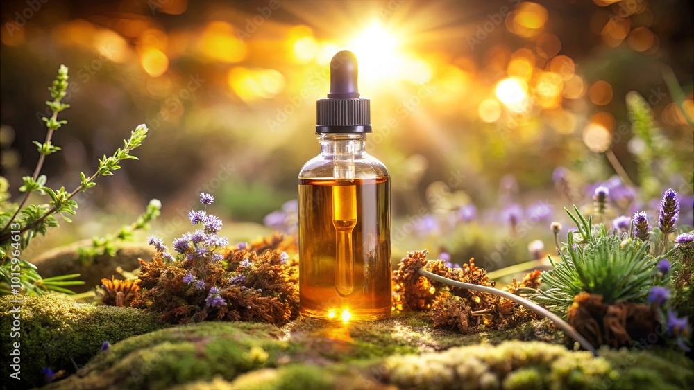 A Glass Dropper Bottle of Essence Rests Among Delicate Wildflowers and Soft Moss in the Warm Glow of the Setting Sun A Glass Dropper Bottle of Essence Rests Among Delicate Wildflowers and Soft Moss in the Warm Glow of the Setting Sun