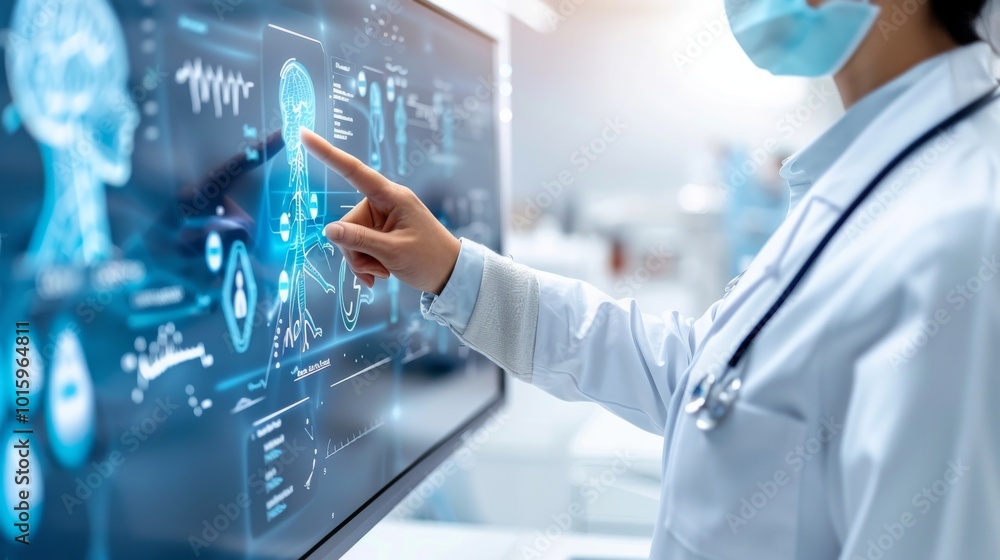 A female scientist in a white coat and mask is holding up her finger to touch an abstract holographic interface with medical icons