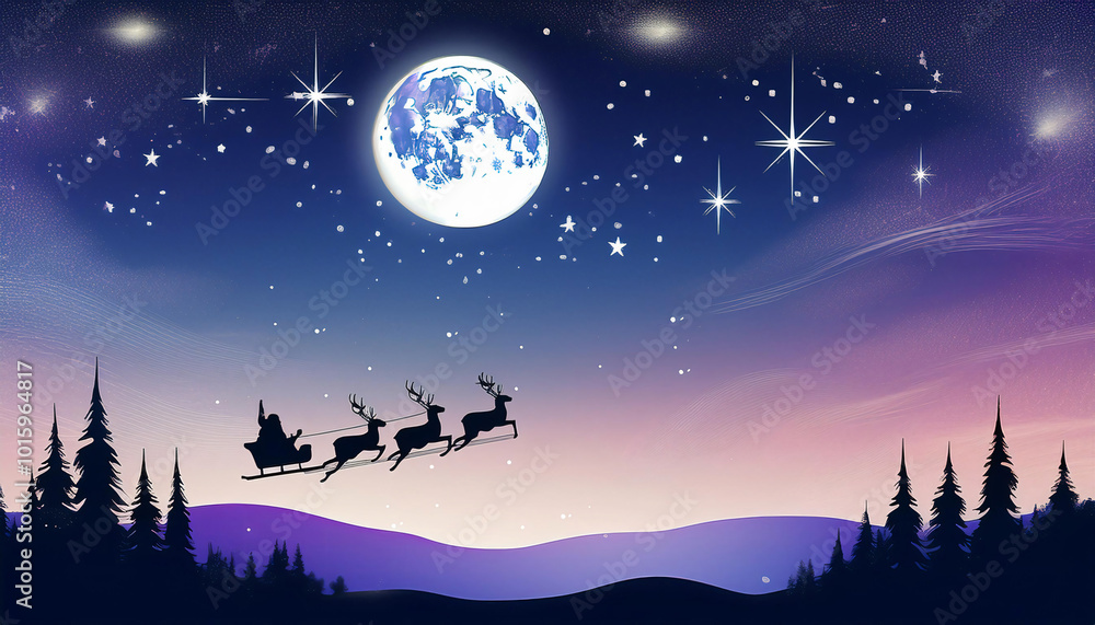 Night Sky with Santa’s Sleigh and Reindeer Silhouettes Night Sky with Santa’s Sleigh and Reindeer Silhouettes