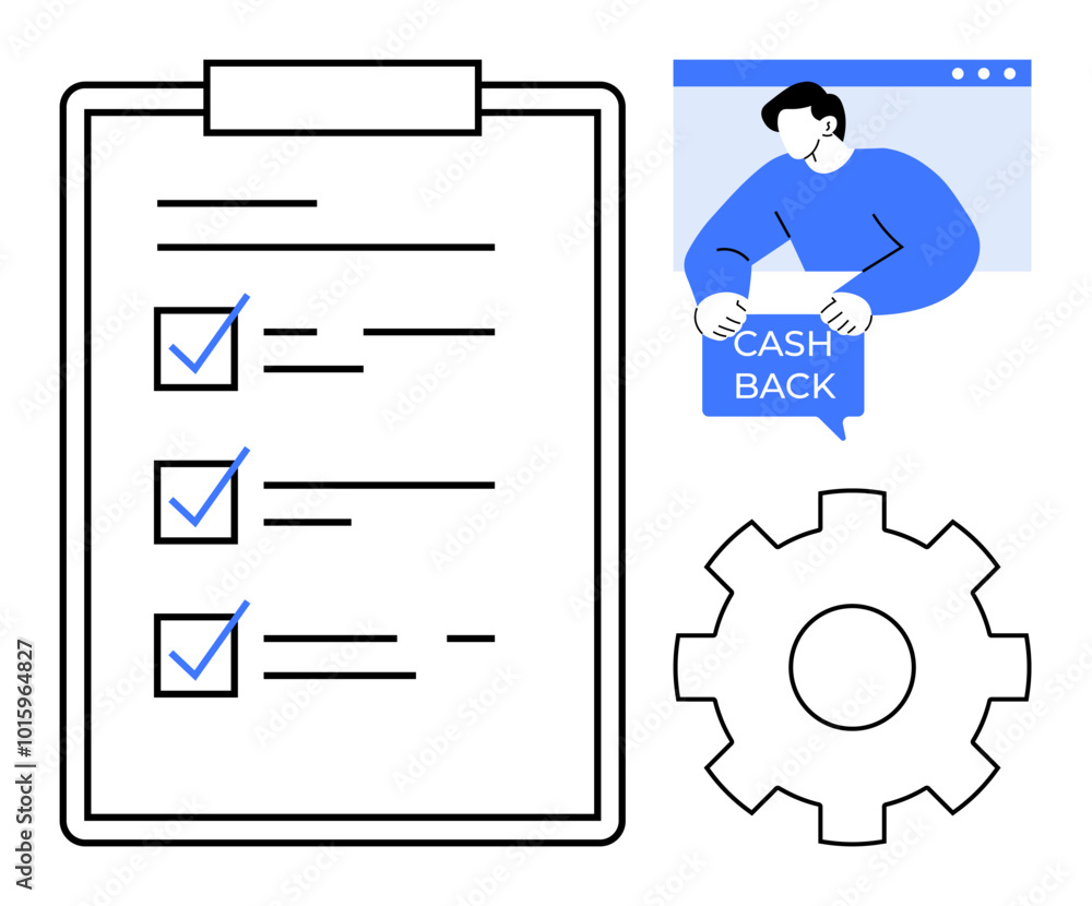 Clipboard with checklist, person holding a cash back sign, and gear symbol. Ideal for business processes, project management, productivity, rewards programs, and financial planning themes. Simple Clipboard with checklist, person holding a cash back sign, and gear symbol. Ideal for business processes, project management, productivity, rewards programs, and financial planning themes. Simple