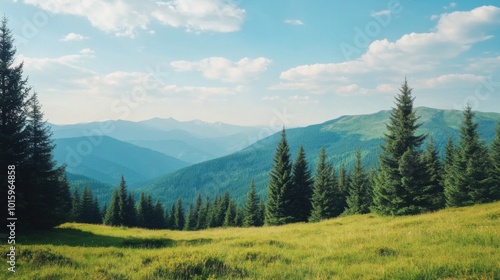 Wallpaper Mural Mountain landscape with green meadow and coniferous forest. Torontodigital.ca