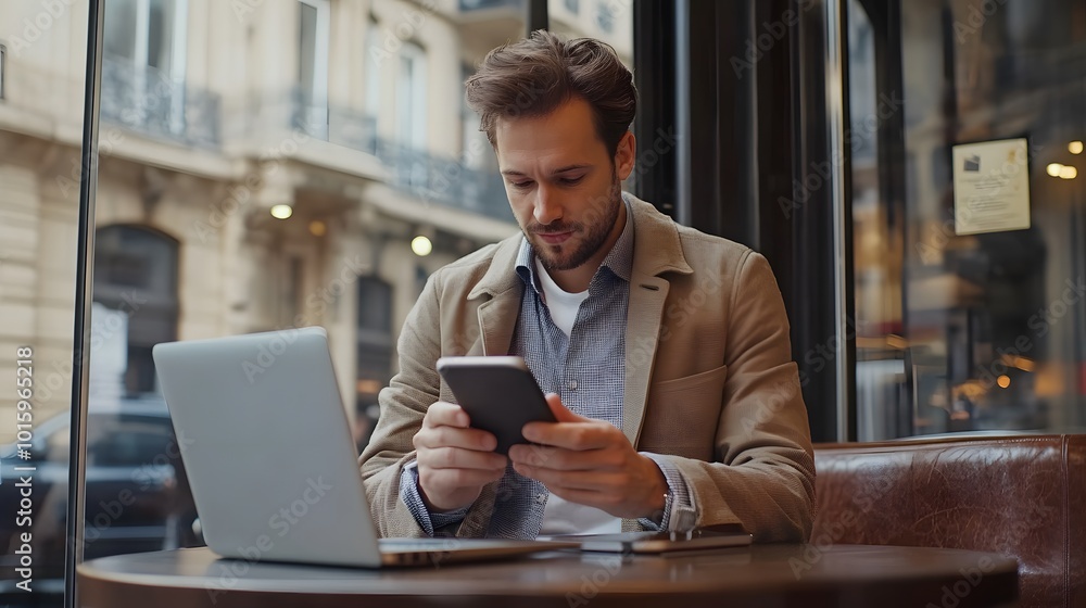 Man in a Brown Jacket Using a Smartphone in a Cafe Man in a Brown Jacket Using a Smartphone in a Cafe