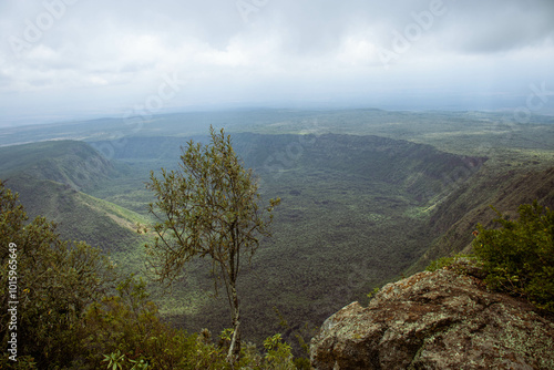 A view of a volcanic crater from the peak of the mountain 