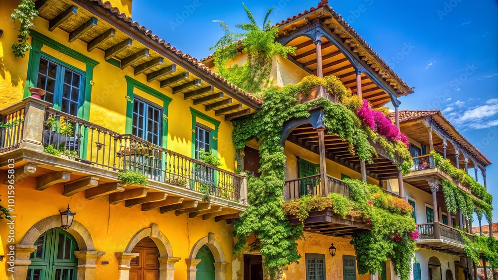 A vibrant and colorful facade with cascading greenery and intricate balconies, showcasing a glimpse of architectural charm and natural beauty. A vibrant and colorful facade with cascading greenery and intricate balconies, showcasing a glimpse of architectural charm and natural beauty.