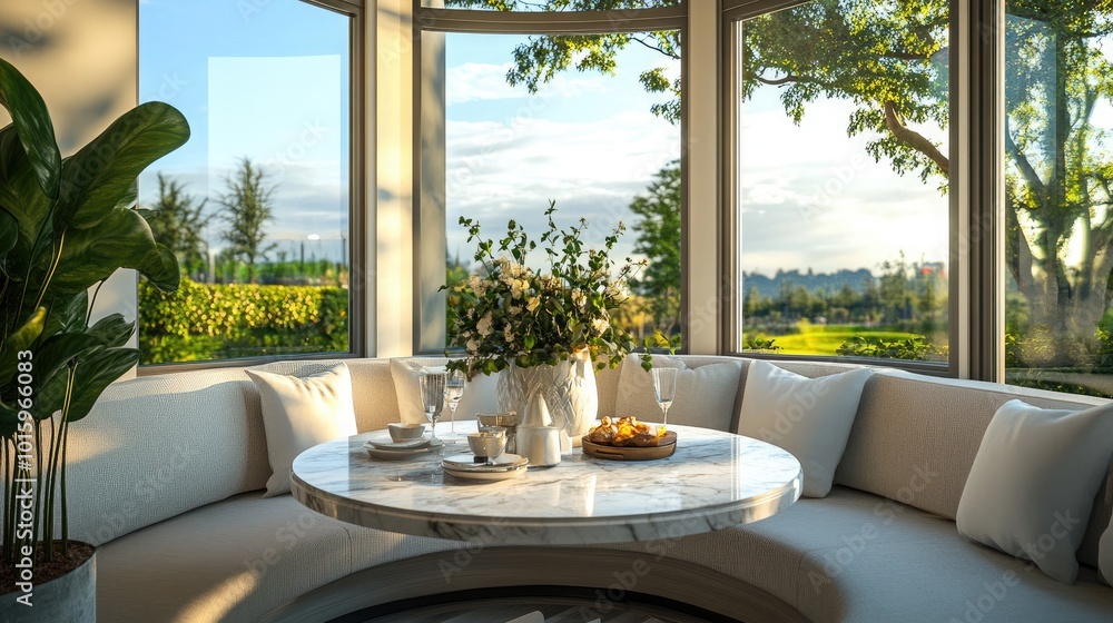 A sophisticated breakfast nook with modern banquette seating A sophisticated breakfast nook with modern banquette seating