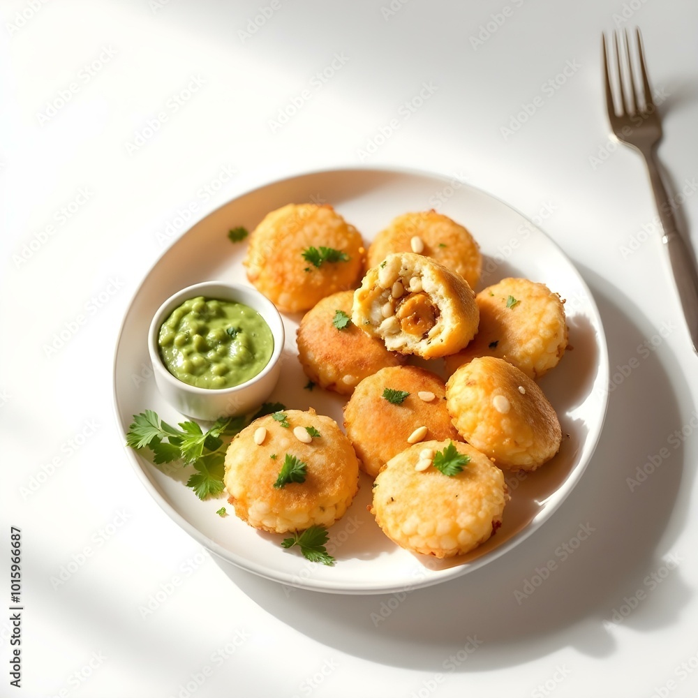 Close-Up of Golden Crispy Sabudana Vadas with Coriander-Mint and Tamarind Chutney on White Plate - High-Quality Food Stock Image Close-Up of Golden Crispy Sabudana Vadas with Coriander-Mint and Tamarind Chutney on White Plate - High-Quality Food Stock Image