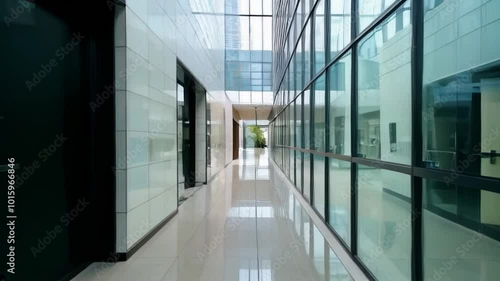 A modern, empty corridor with glass walls reflecting light, suggesting tranquility and minimalism in an urban setting. A modern, empty corridor with glass walls reflecting light, suggesting tranquility and minimalism in an urban setting.