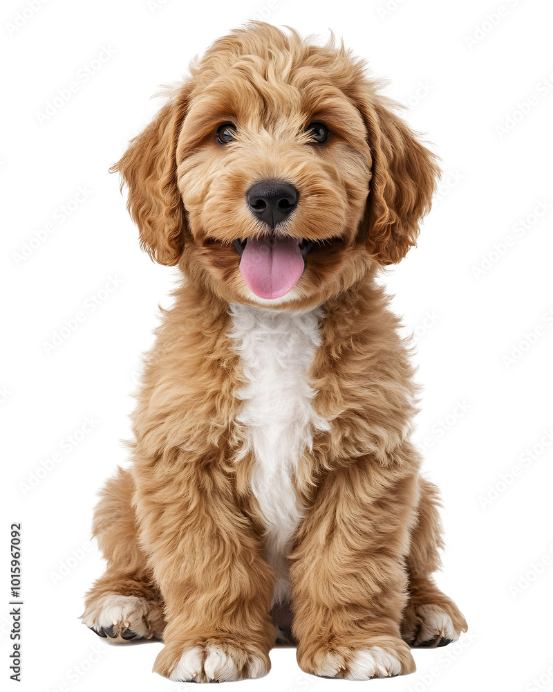 Happy labradoodle dog puppy sitting up facing front. Looking straight to camera with tongue out. Isolated cutout on a transparent background. Happy labradoodle dog puppy sitting up facing front. Looking straight to camera with tongue out. Isolated cutout on a transparent background.