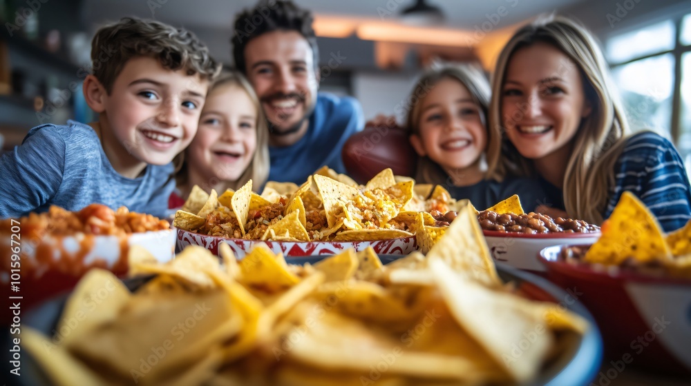 Happy family enjoying nachos and dips while watching tv Happy family enjoying nachos and dips while watching tv