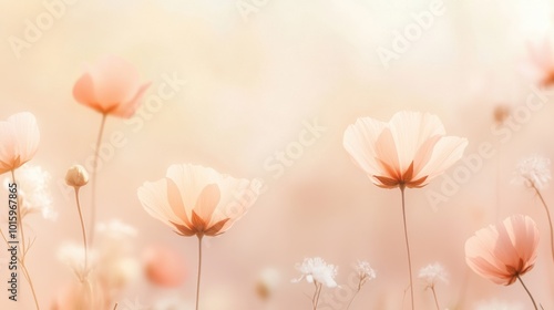 Delicate pink flowers basking in soft light create a serene and dreamy floral landscape, perfect for spring or nature themes.