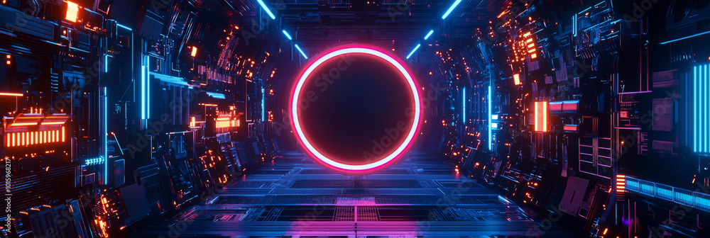 Fototapeta premium abstract tech background with neon-lit circuit boards, wires, and microchips, set against a dark, gradient blue background.