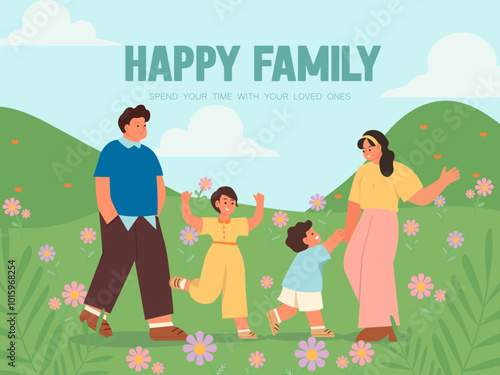 Happy family enjoying time in a flower-filled field. Vector illustration