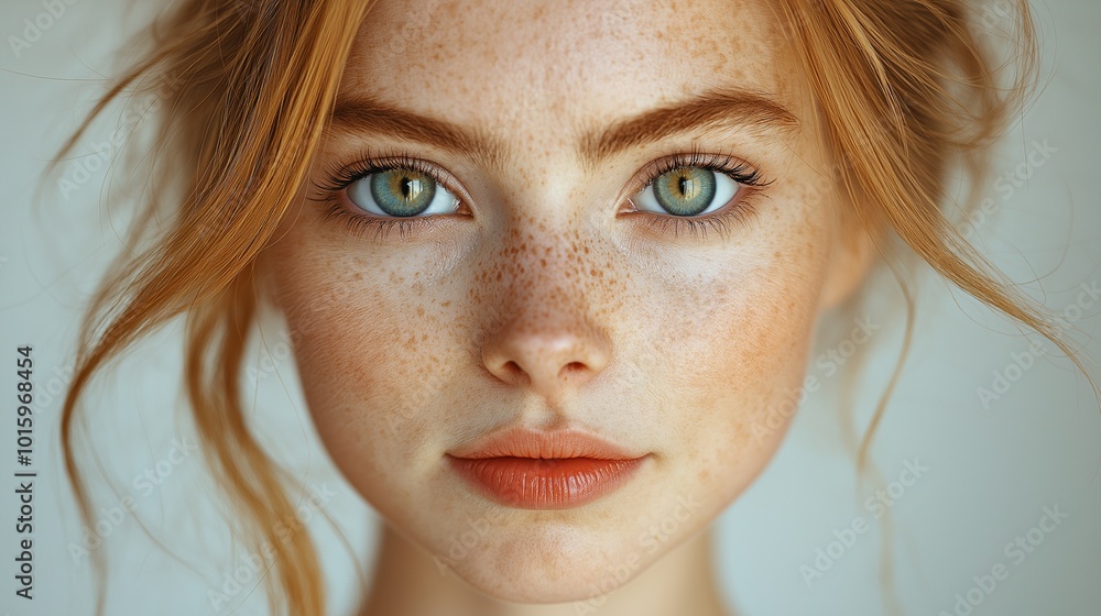A beautiful young woman with red hair and freckles, facing the camera directly A beautiful young woman with red hair and freckles, facing the camera directly