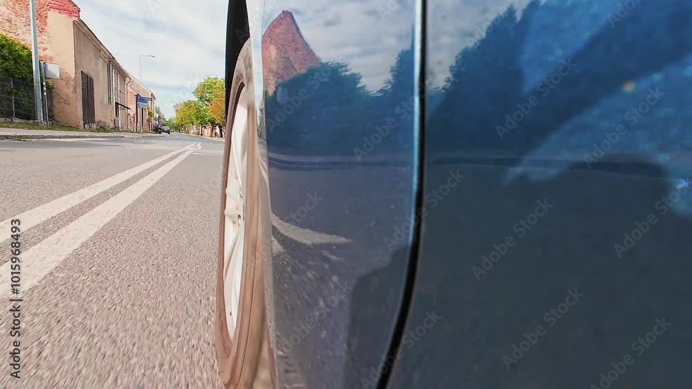 Close-up side view of car driving on asphalt road at street. Motion of ...