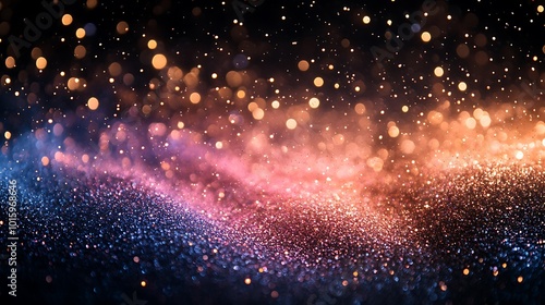 Abstract blurred bokeh background with glittering sparkles and glowing lights.