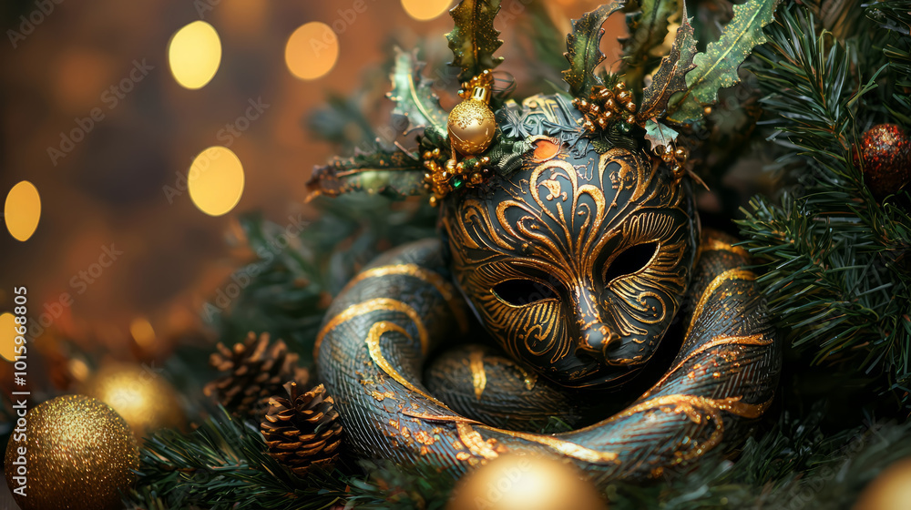 The wooden snake coiled around a decorative New Year's Eve mask with a festive, mysterious vibe. The wooden snake coiled around a decorative New Year's Eve mask with a festive, mysterious vibe.