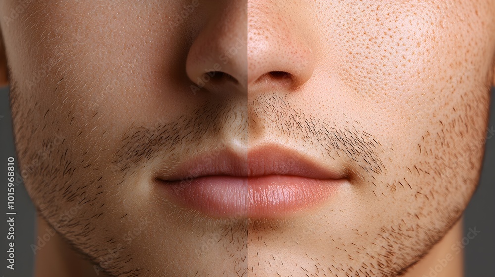 Fototapeta premium Before-and-after of electrolysis treatment on facial hair, focusing on hair-free patches and smooth skin, detailed pore texture, Digital Rendering, High-Resolution