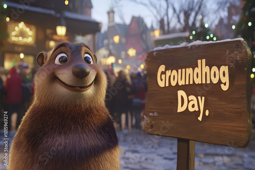 Groundhog Holding Sign for Groundhog Day Celebration photo