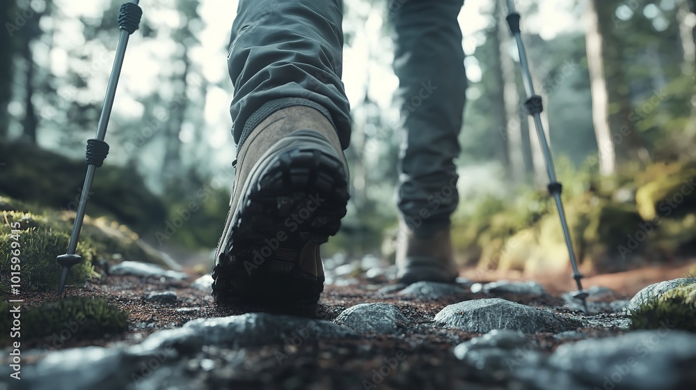 Close up of a hikers boots and walking stick on a rocky trail. Macro photograph of adventurer or explorer legs walking and exploring at mountain while using hiking gear. Hiking and adventure. AIG53. Close up of a hikers boots and walking stick on a rocky trail. Macro photograph of adventurer or explorer legs walking and exploring at mountain while using hiking gear. Hiking and adventure. AIG53.