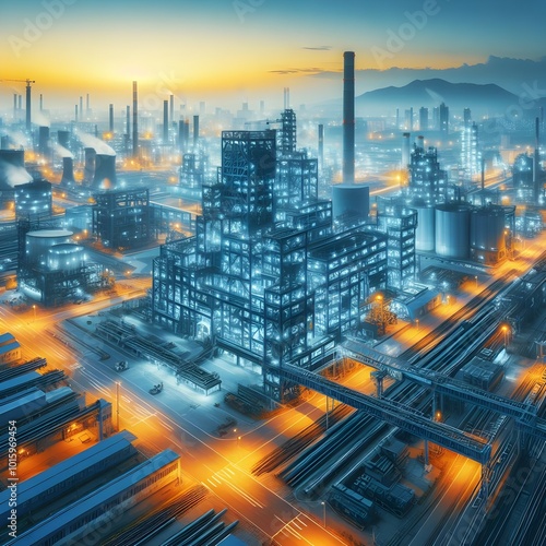 An expansive, illuminated industrial refinery at night, filled with intricate steel structures, towering smokestacks, and glowing pipelines under a smoky sky. photo