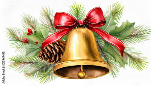 Soft watercolor. Christmas Bell with a Pinecone and Evergreen Sprigs