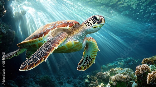 A beautiful sea turtle gracefully glides through sunlit ocean waters with an array of marine life below.