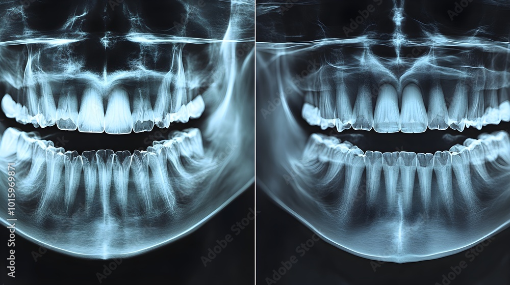 High-resolution X-ray before-and-after images showing teeth and bone shifts due to braces, emphasizing the realignment of the jaw High-resolution X-ray before-and-after images showing teeth and bone shifts due to braces, emphasizing the realignment of the jaw