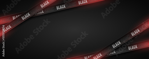 3d tapes with red glow effect on dark background for Black Friday sale. Crossed ribbons glowing in the dark. Fashion advertising promotion banner. Vector illustration. EPS 10.