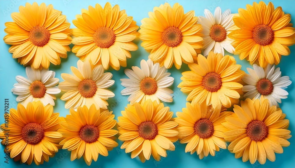 Pastel yellow daisies arranged in a gentle square, with hints of soft sky blue. springtime freshness background with copy space white and yellow floral frame. Pastel yellow daisies arranged in a gentle square, with hints of soft sky blue. springtime freshness background with copy space white and yellow floral frame.