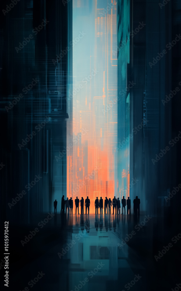 Group of silhouettes in a high-tech cityscape with blue and orange light patterns symbolizing a futuristic setting. Group of silhouettes in a high-tech cityscape with blue and orange light patterns symbolizing a futuristic setting.